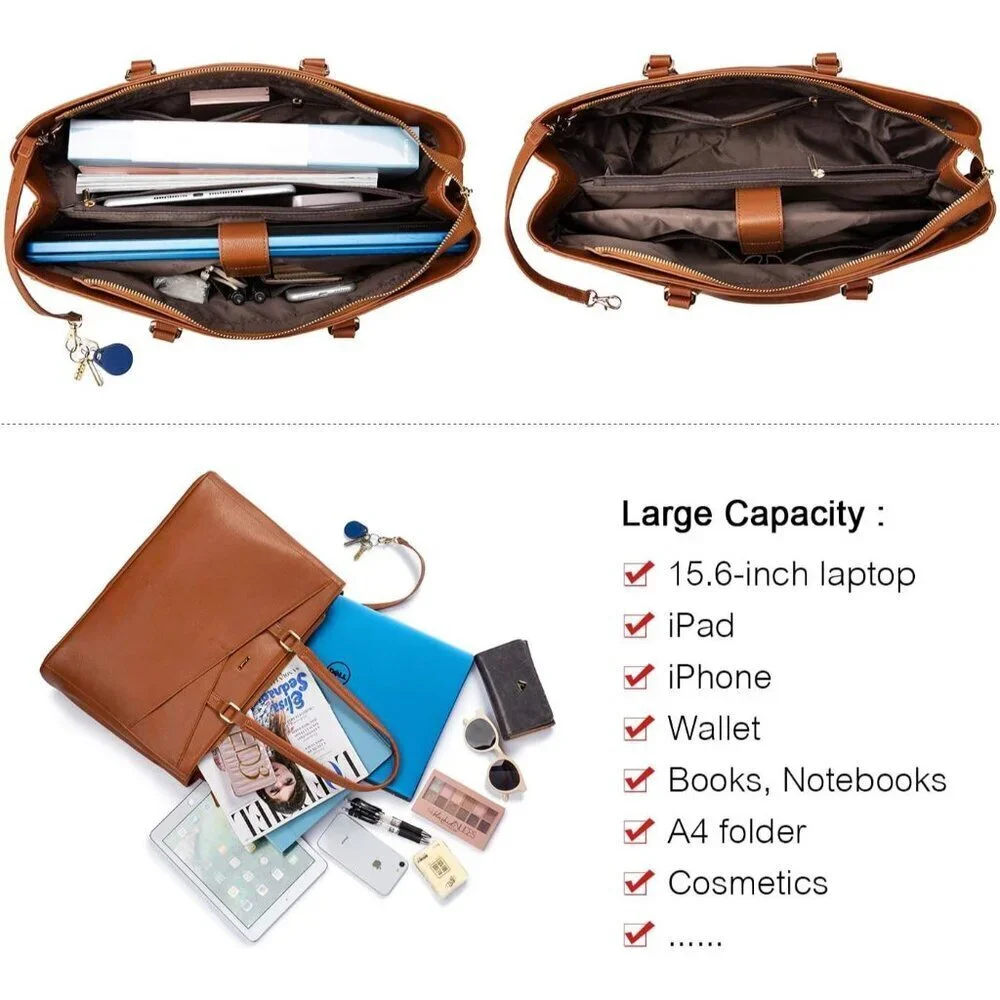 Laptop Tote Bag Waterproof PU Leather 15.6 Inch Women Business Work
